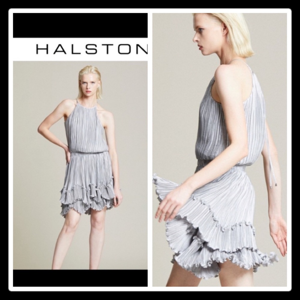 Halston Heritage Metallic Ruffled Silver Dress 2